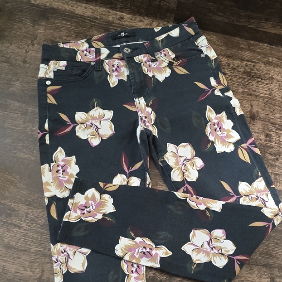 7 FOR ALL MANKIND Floral Women's Jeans Sz 26 Green Pink Skinny - Picture 2 of 7
